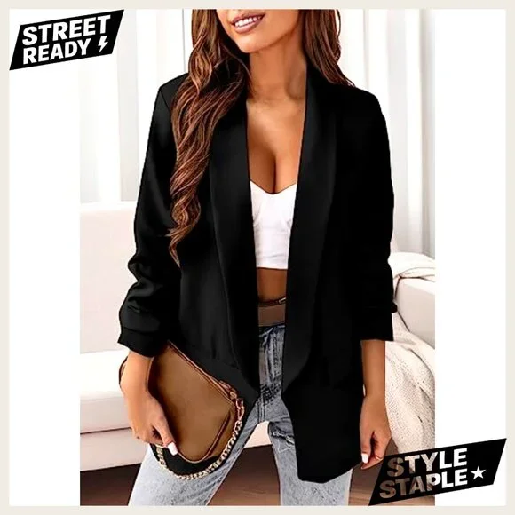 Oversized Blazer Open Front Shawl Collar Business Casual Polyester Jacket - Picture 2 of 7